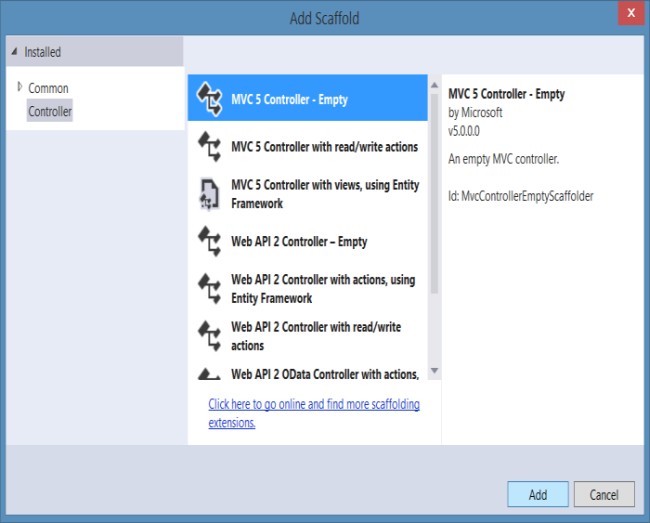 Adding MVC5 Empty Controller